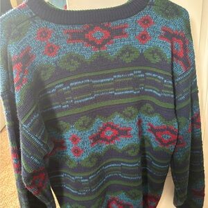Blue and Red Crewneck Sweater with Bold Geometric Design